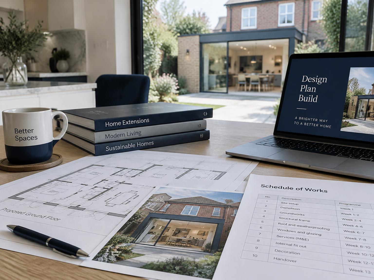 Architectural drawings and a schedule of works on a table beside a new rear extension